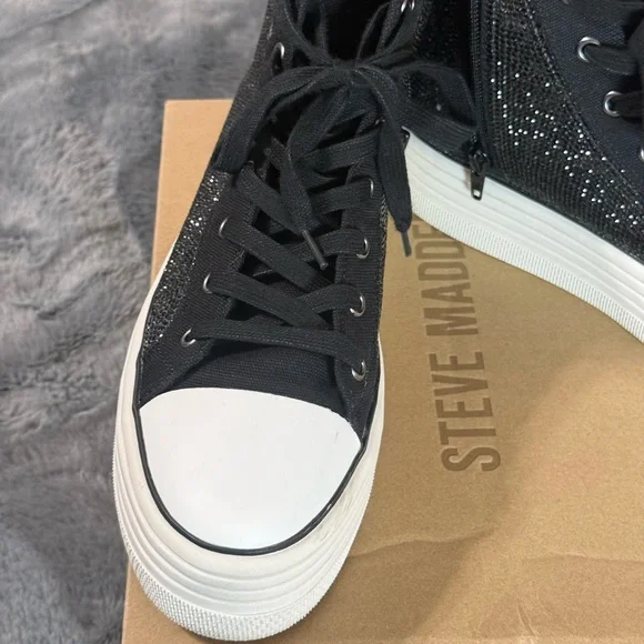 Steve Madden Black Glitter High-Top Sneakers with White Sole - Picture 7 of 8